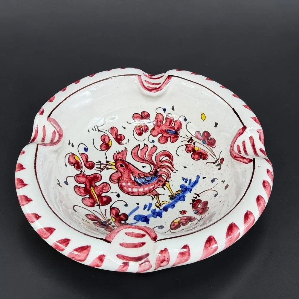 Vintage PV Italy Hand Painted Ceramic Rooster Ash Holder Red Floral Bowl 6724 D